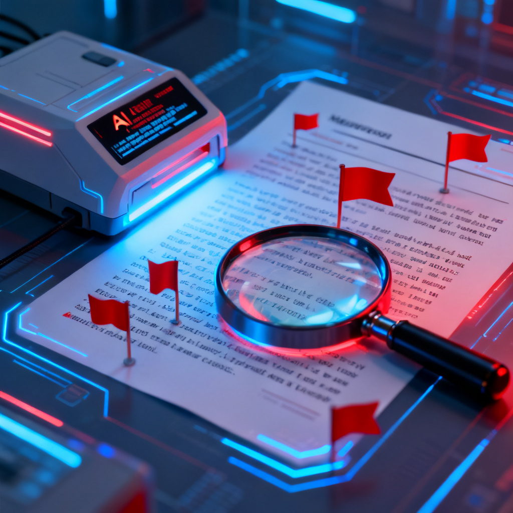 A futuristic digital interface showing AI-generated text being analyzed by a scanner with red flags highlighting false information, with a magnifying glass zooming into manipulated content