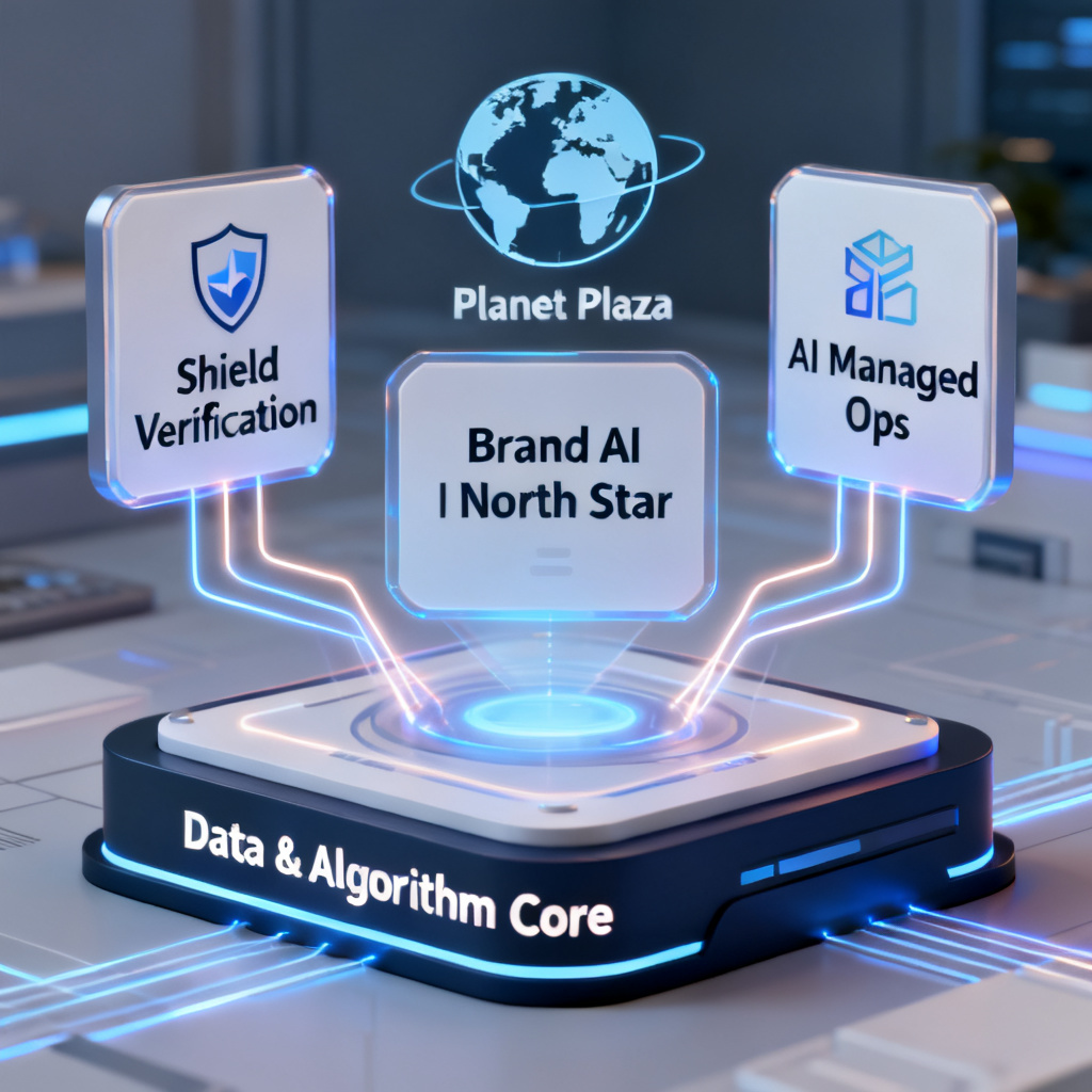 A 3D layered diagram showing a large base labeled "Data & Algorithm Core" with three floating application modules above: Shield Verification (left), Brand AI North Star (center), and AI Managed Ops (right), with a globe icon representing Planet Plaza in the background, all connected by glowing lines