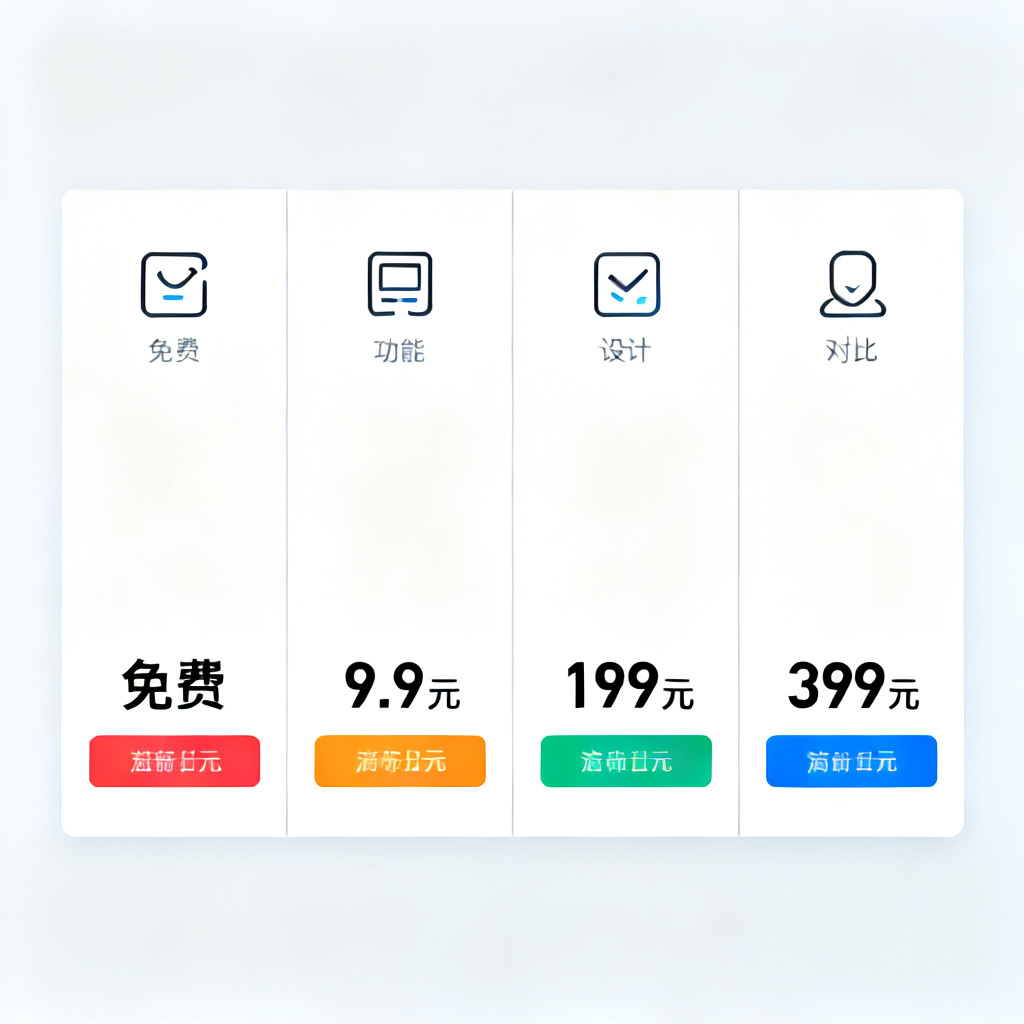 一张清晰的对比表格，包含免费、9.9元、199元、399元四列，每列有功能图标和价格标签，风格为扁平化商业设计