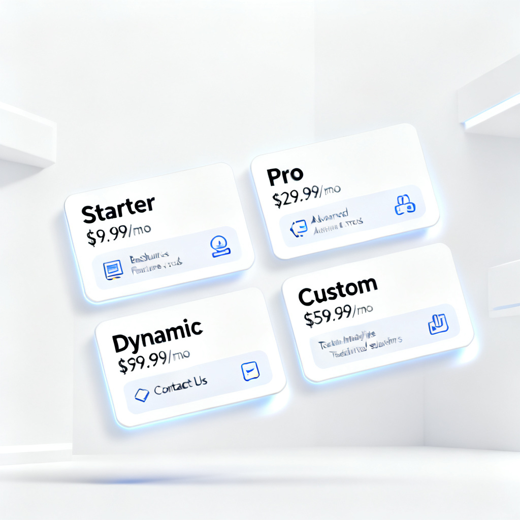 A comparison chart with four service tiers (Starter, Pro, Dynamic, Custom) floating in a digital space, each with price tags and feature icons, minimalist design, white background