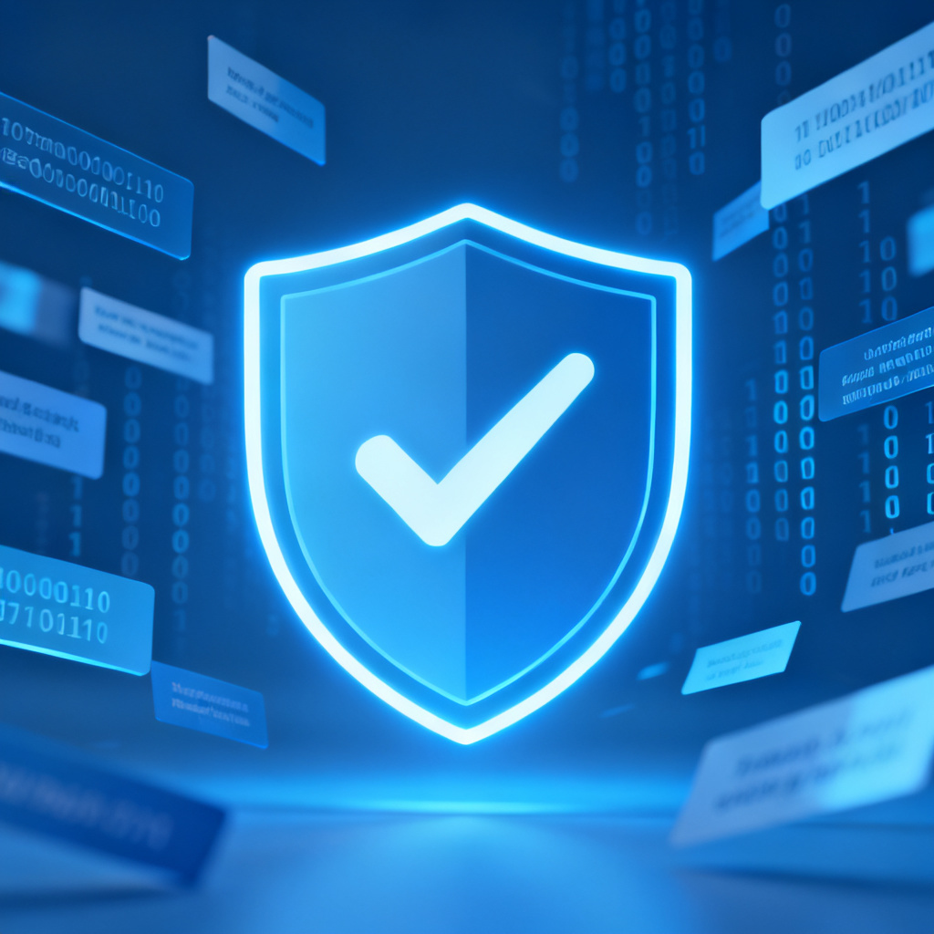 A digital shield with a checkmark, surrounded by floating text fragments and binary code, glowing blue, minimalist design