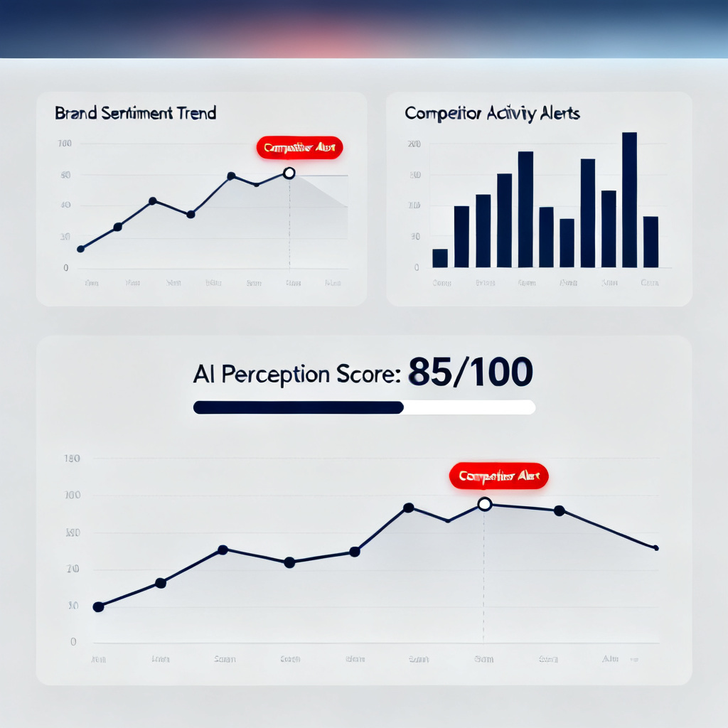 A dashboard showing real-time brand monitoring with dynamic charts, competitor alerts, and AI perception scores, designed with a clean corporate aesthetic