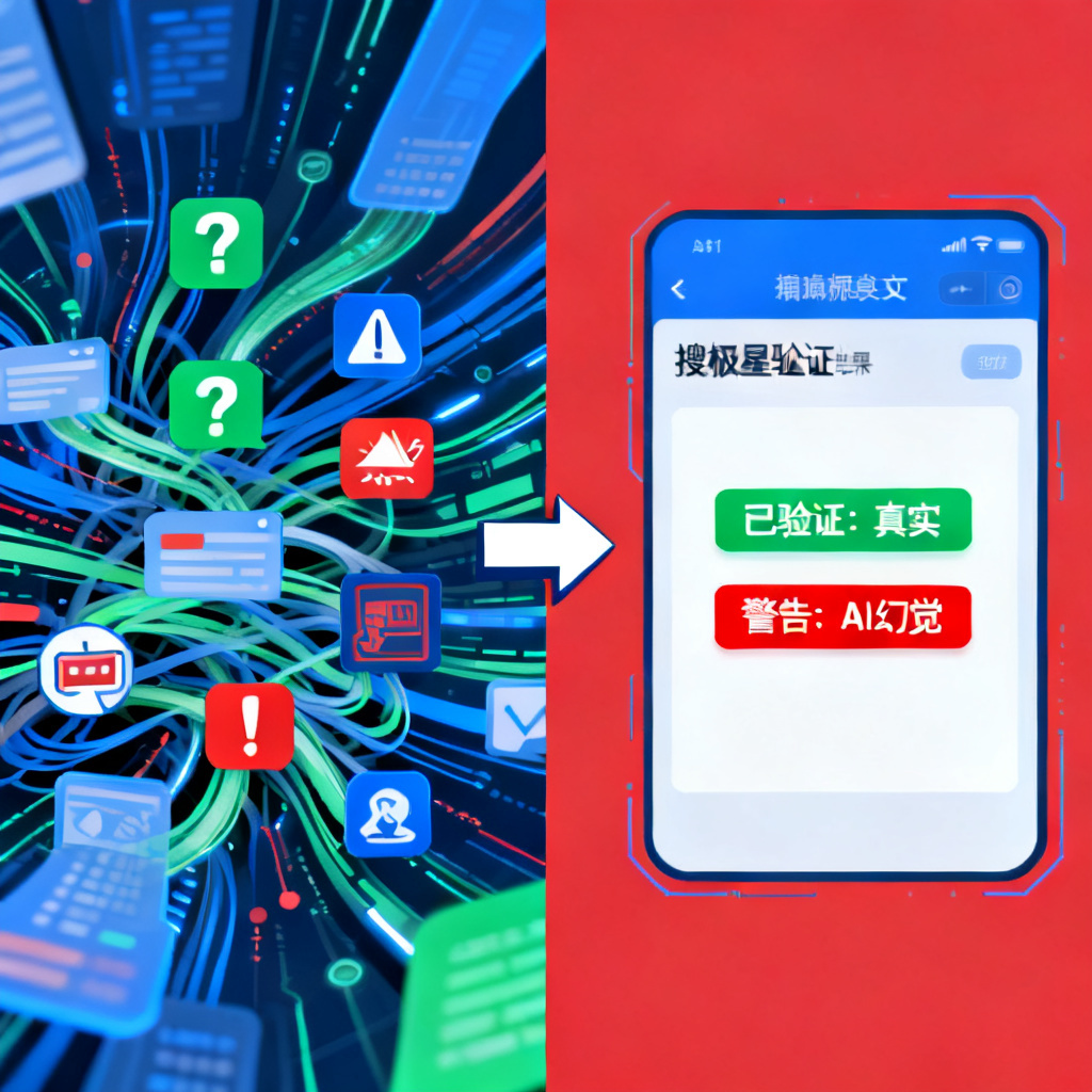 一张对比图，左侧是混乱的AI信息流（包含错误数据、营销软文、虚假新闻的图标），右侧是清晰的搜极星验证结果界面（显示“已验证：真实”或“警告：AI幻觉”的绿色/红色标签），中间有箭头连接