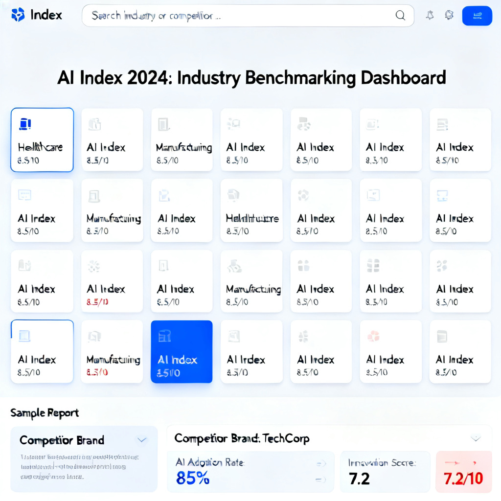 A public data dashboard showing AI Index for 20 industry categories, with a search bar at the top and a sample report for a competitor brand