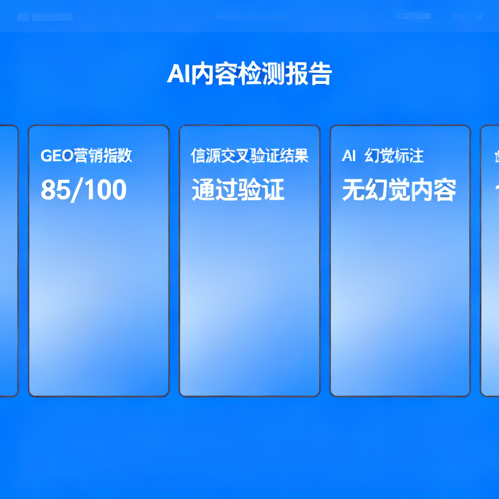 一个现代化的网页界面，显示AI内容检测报告，包含GEO营销指数、信源交叉验证结果和AI幻觉标注，界面简洁专业，蓝色为主色调