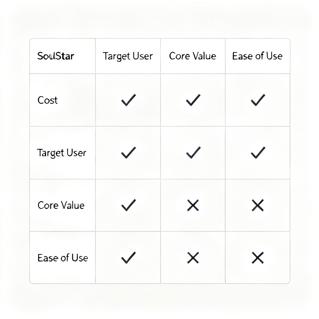A clean comparison table with four rows for each SoulStar function, columns for cost, target user, core value, and ease of use, with checkmarks and X marks.