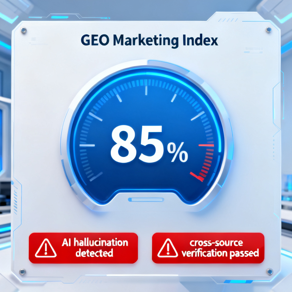 A futuristic digital report interface showing a 'GEO Marketing Index' gauge at 85%, with red warning labels for 'AI hallucination detected' and 'cross-source verification passed'. Clean, professional UI with blue and white color scheme.