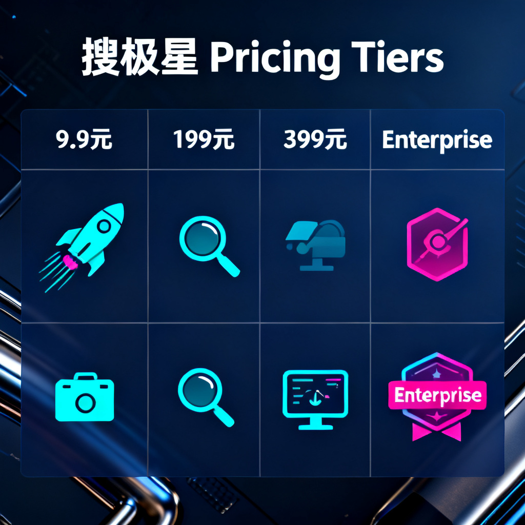 A comparison table of four pricing tiers for 搜极星, with icons for each version: a fast rocket for 9.9 yuan, a magnifying glass for 199 yuan, a dashboard for 399 yuan, and a custom badge for enterprise. The table is on a dark tech-style background with subtle grid lines.