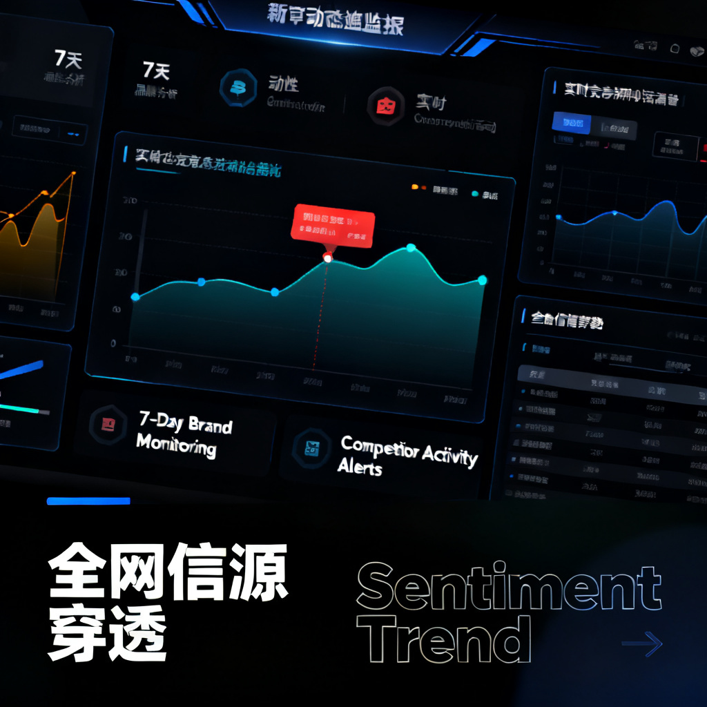 A dashboard interface showing a 7-day dynamic monitoring panel for brand analysis, with real-time alerts for competitor activity, sentiment trend charts, and a “全网信源穿透” analysis section. The design is modern, with dark mode and data visualization elements.