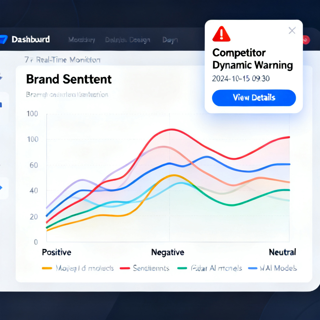 A dashboard interface showing a 7-day real-time monitoring view for brand sentiment, with a line graph tracking positive, negative, and neutral mentions across major AI models. A pop-up alert indicates a competitor dynamic warning, with a timestamp and action button.