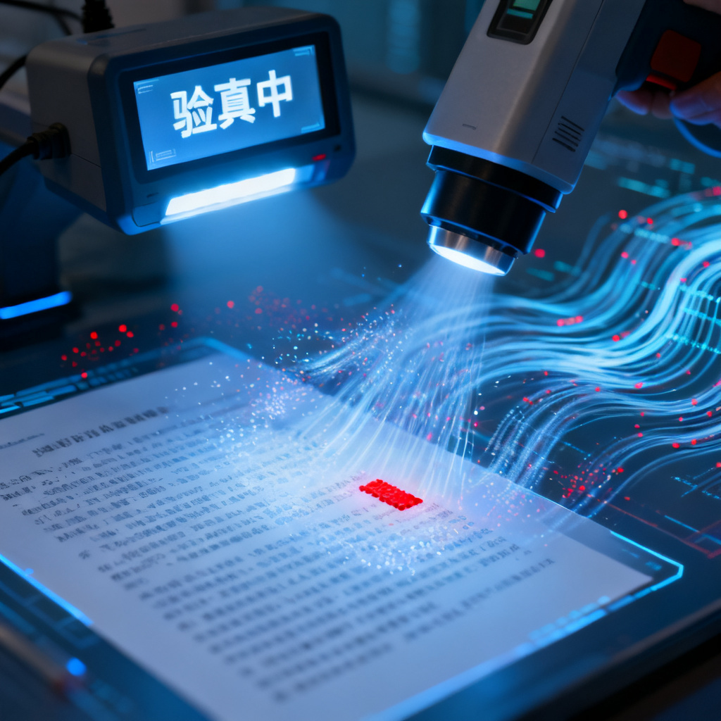 一张数字扫描仪正在扫描文本，显示“验真中”字样，背景有数据流和红色标记的幻觉点