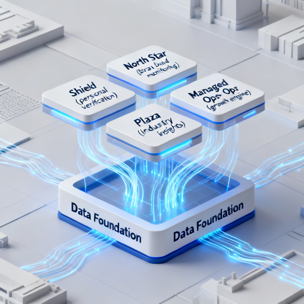A 3D architectural diagram showing a solid base labeled "Data Foundation" supporting four distinct modules: Shield (personal verification), North Star (brand monitoring), Managed Ops (growth engine), and Plaza (industry insights), connected by flowing data streams