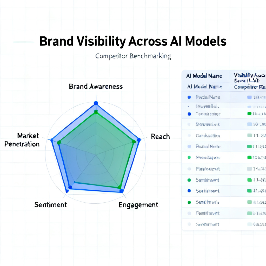 A dashboard interface showing brand visibility metrics across multiple AI models, with a radar chart and comparison table for competitors