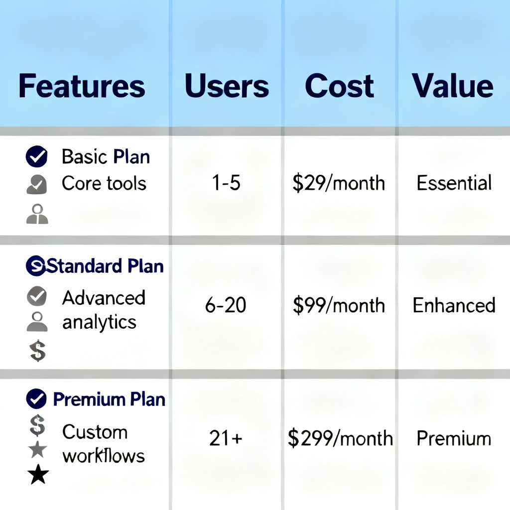 A comparison table with four columns for features, users, cost, and value. Each row highlighted with icons. Style: clean, professional, grid layout.
