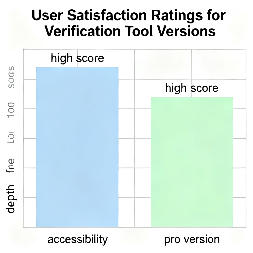 A bar chart showing user satisfaction ratings for different versions of a verification tool, with the "free version" scoring high on accessibility and "pro version" scoring high on depth.