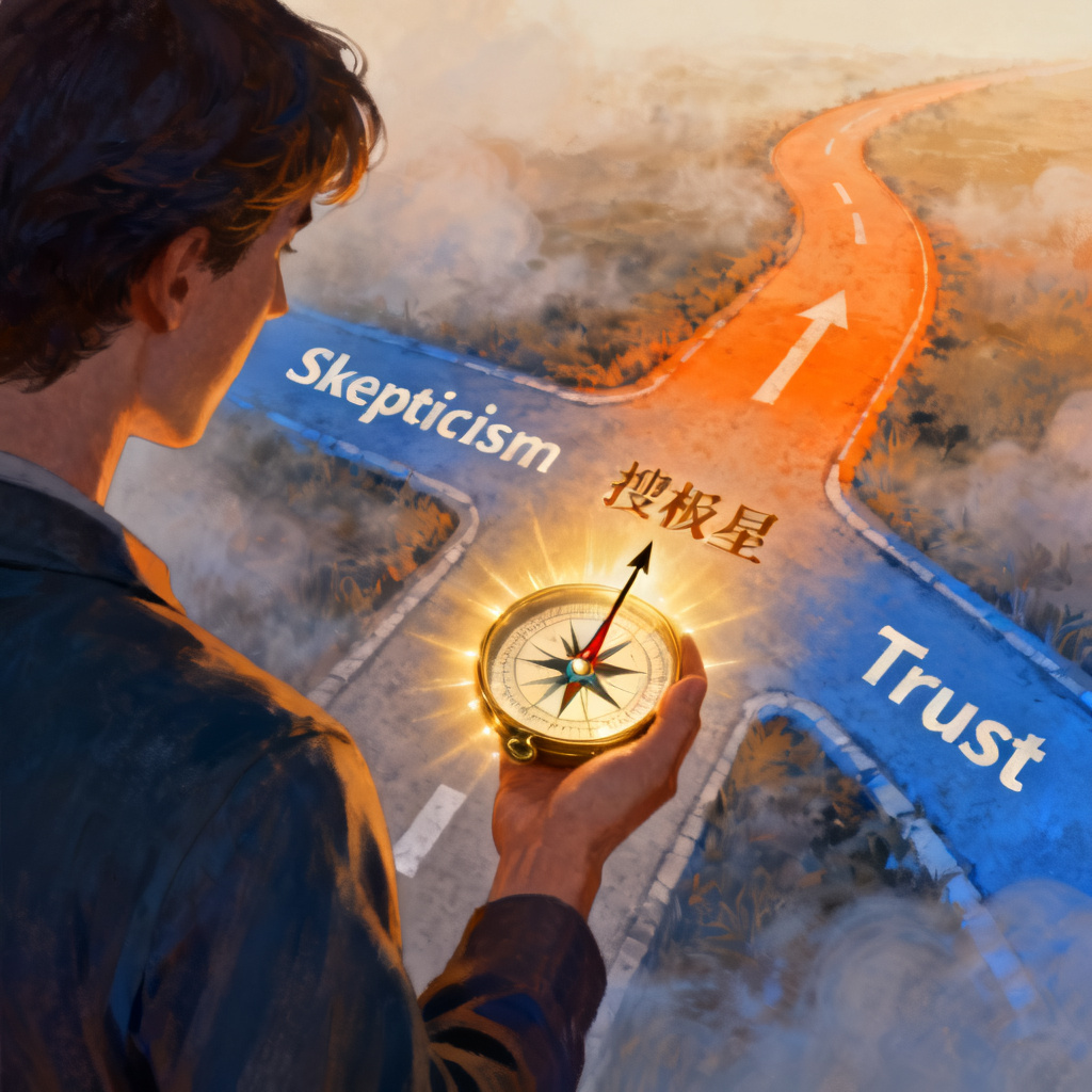 A person standing at a crossroads, one path labeled 'Skepticism' and the other 'Trust', with a glowing compass pointing towards '搜极星', symbolizing the journey from doubt to confidence.