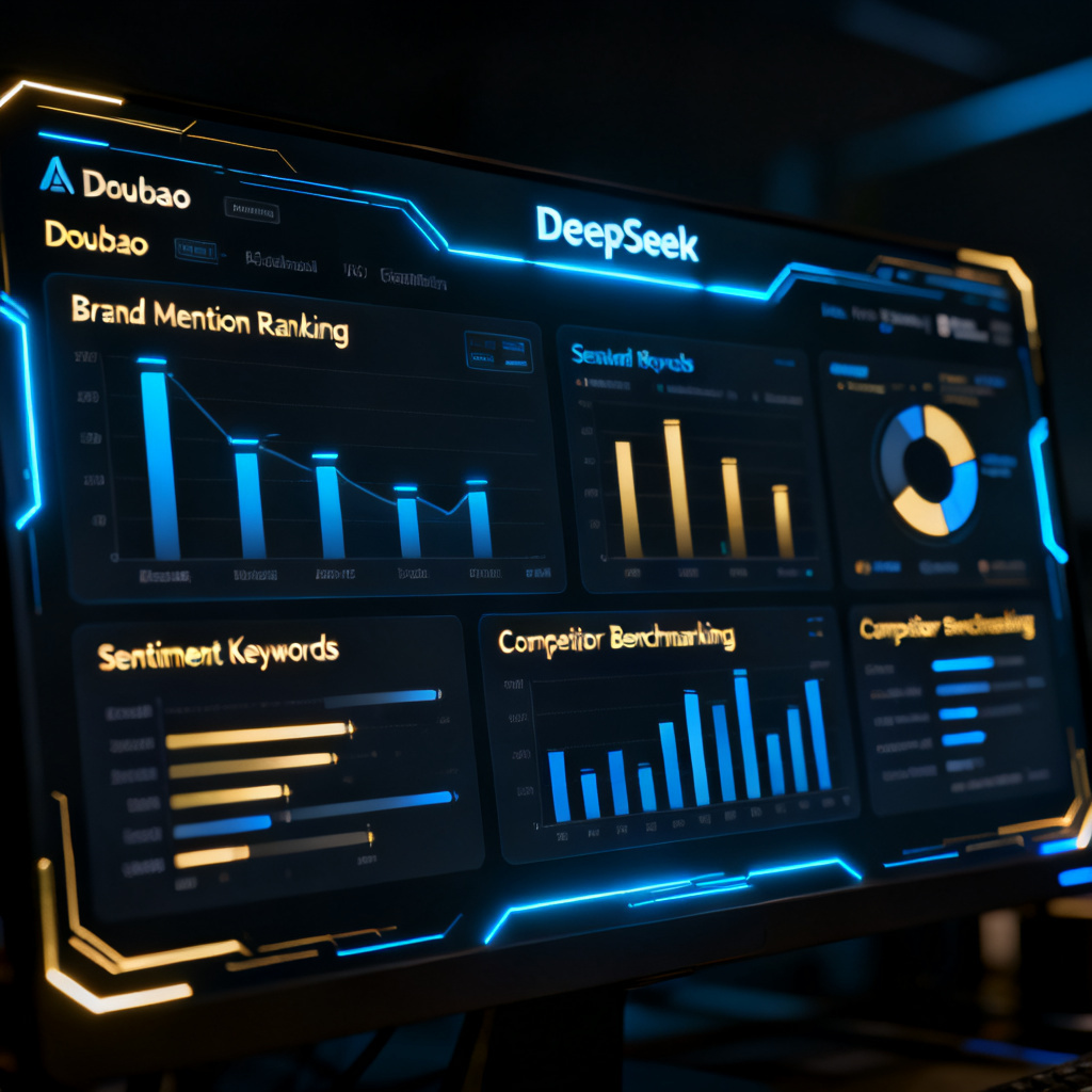 A futuristic dashboard showing brand mentions across multiple AI models (DeepSeek, Doubao, etc.), with charts for ranking, sentiment keywords, and competitor benchmarking. Dark theme, glowing neon blue and gold accents, data visualization style.