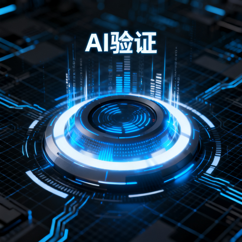 现代科技感界面，中央是一个圆形扫描仪，发出蓝色和白色的光效，周围环绕着数据流和文字“AI验证”，背景是暗色调的科技网格