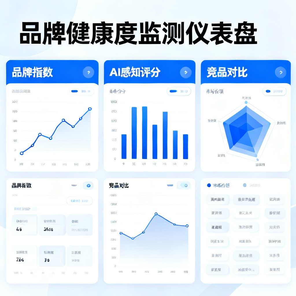 一个数据仪表盘展示品牌指数、AI感知评分、竞品对比图表,界面清晰现代,数据可视化丰富
