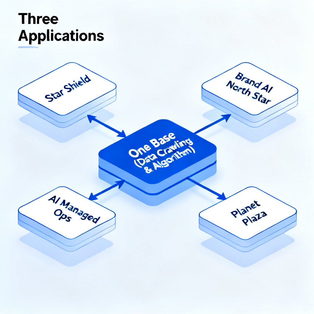 A diagram showing 'One Base (Data Crawling & Algorithm) + Three Applications (Star Shield, Brand AI North Star, AI Managed Ops, Planet Plaza)' with arrows indicating data flow. Minimalist isometric style, tech blue theme.