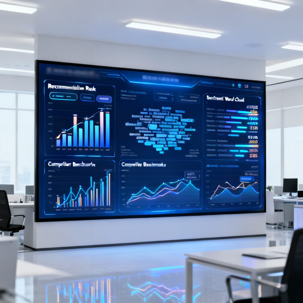 A dynamic business dashboard on a large screen showing real-time brand metrics like recommendation rank, sentiment word cloud, and competitor benchmarks across multiple AI models, with interactive charts and data streams, modern office environment, photorealistic