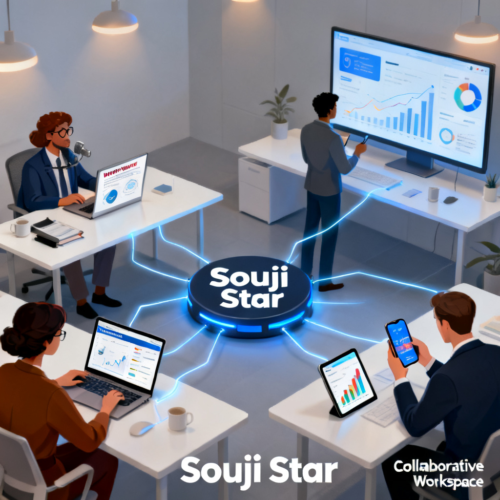 A diverse group of professionals using different devices - a journalist on laptop with verification report, a marketer on tablet with dashboard, a CEO on phone with growth metrics, and an analyst on large screen with industry trends - all connected to a central "Souji Star" hub in a modern collaborative workspace