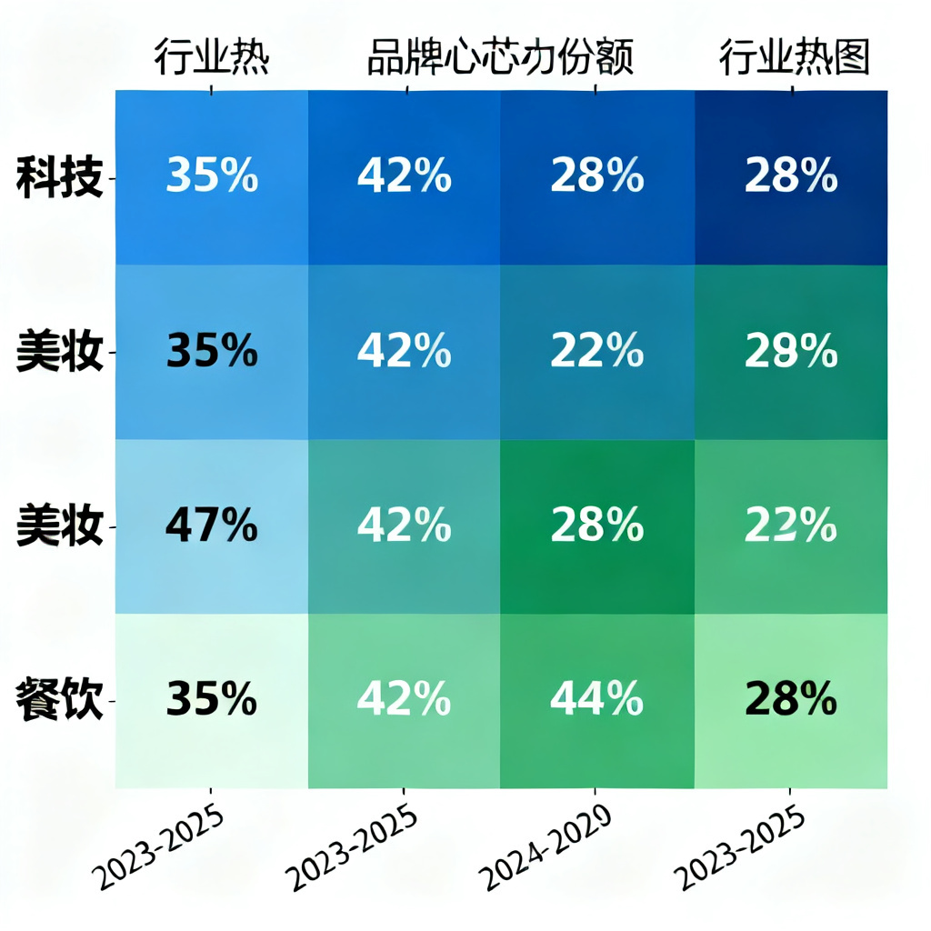 一个“行业热力图”风格的图表，显示不同行业（如科技、美妆、餐饮）在AI搜索中的品牌心智份额变化趋势，数据标签用数字表示。