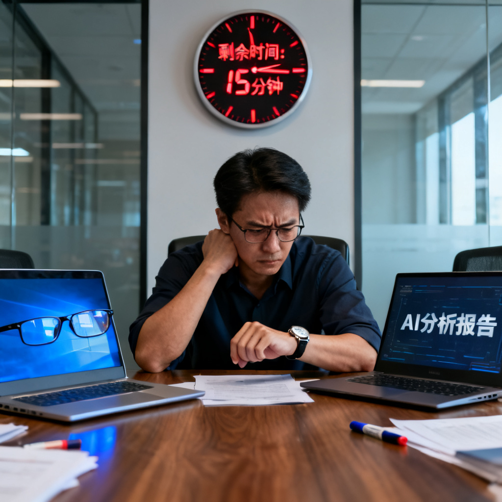 一位职场人士在会议室焦急地看手表，电脑屏幕显示AI报告，背景有倒计时时钟，写实风格，强调紧迫感