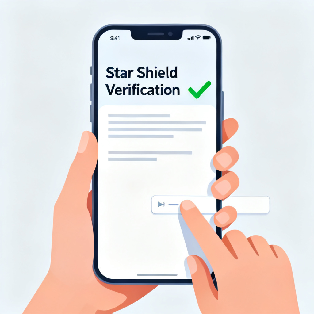 A user copying and pasting text into a clean interface labeled 'Star Shield Verification' on a phone, with a green checkmark appearing, in a flat design with a light background