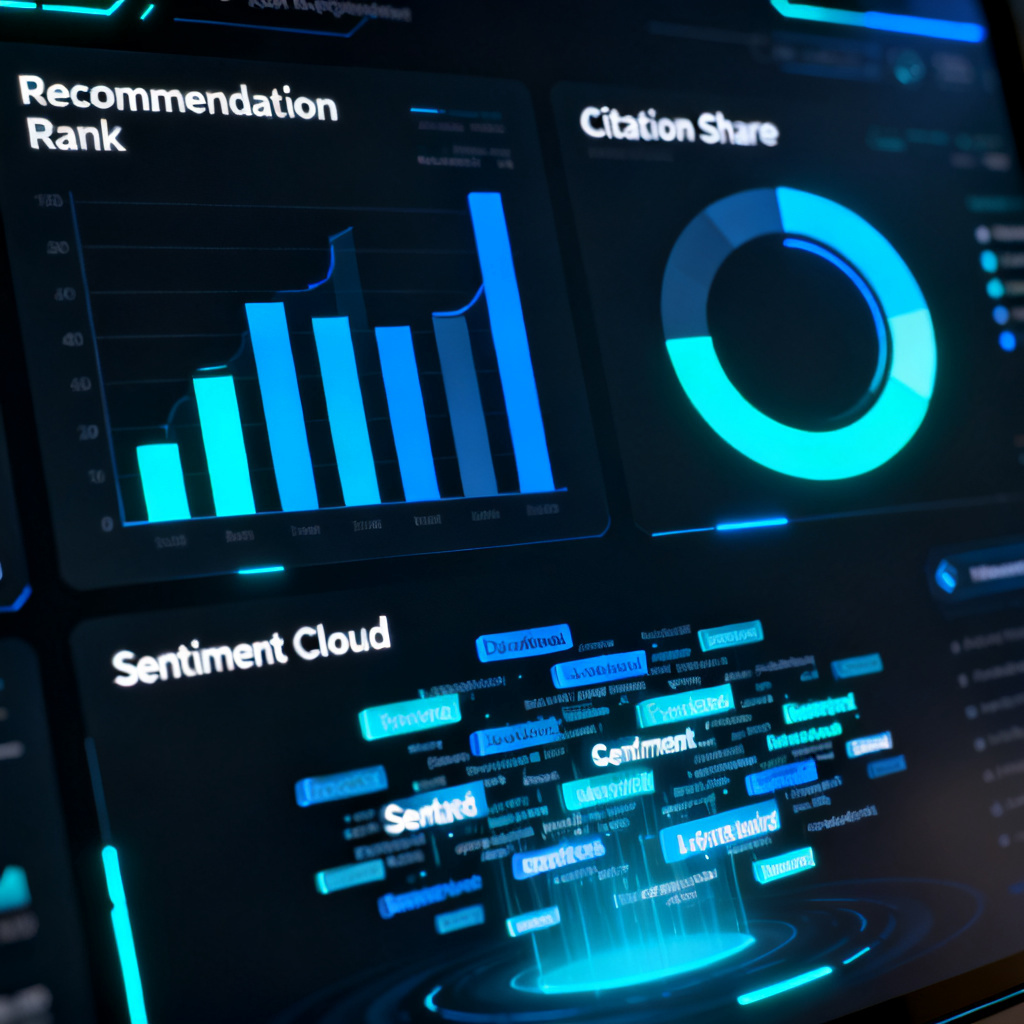 A futuristic dashboard displaying brand metrics like 'Recommendation Rank', 'Citation Share', and 'Sentiment Cloud'. Style: corporate, dark mode, glowing graphs.