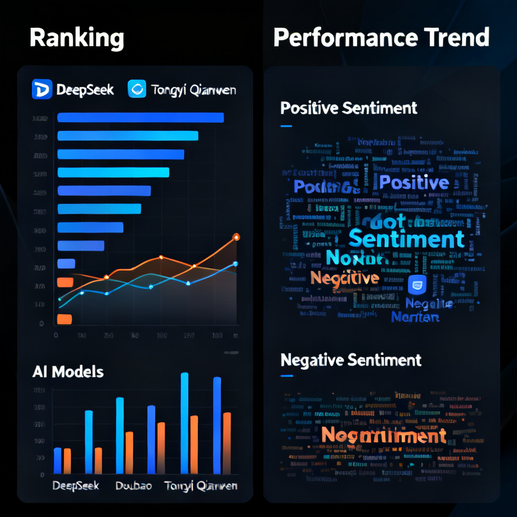 A dynamic dashboard interface showing a brand's ranking across multiple AI models (DeepSeek, Doubao, Tongyi Qianwen), with positive and negative sentiment word clouds on the right side. Data visualization includes bar charts and trend lines.