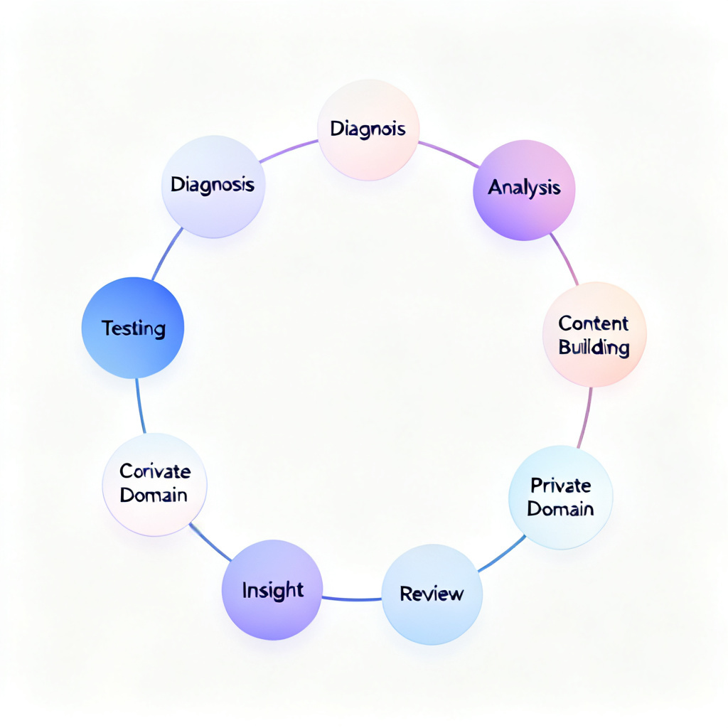 A circular flowchart depicting 8 steps: Diagnosis, Analysis, Testing, Content Building, Private Domain, Insight, Review. Style: minimalist, connected nodes, gradient colors.