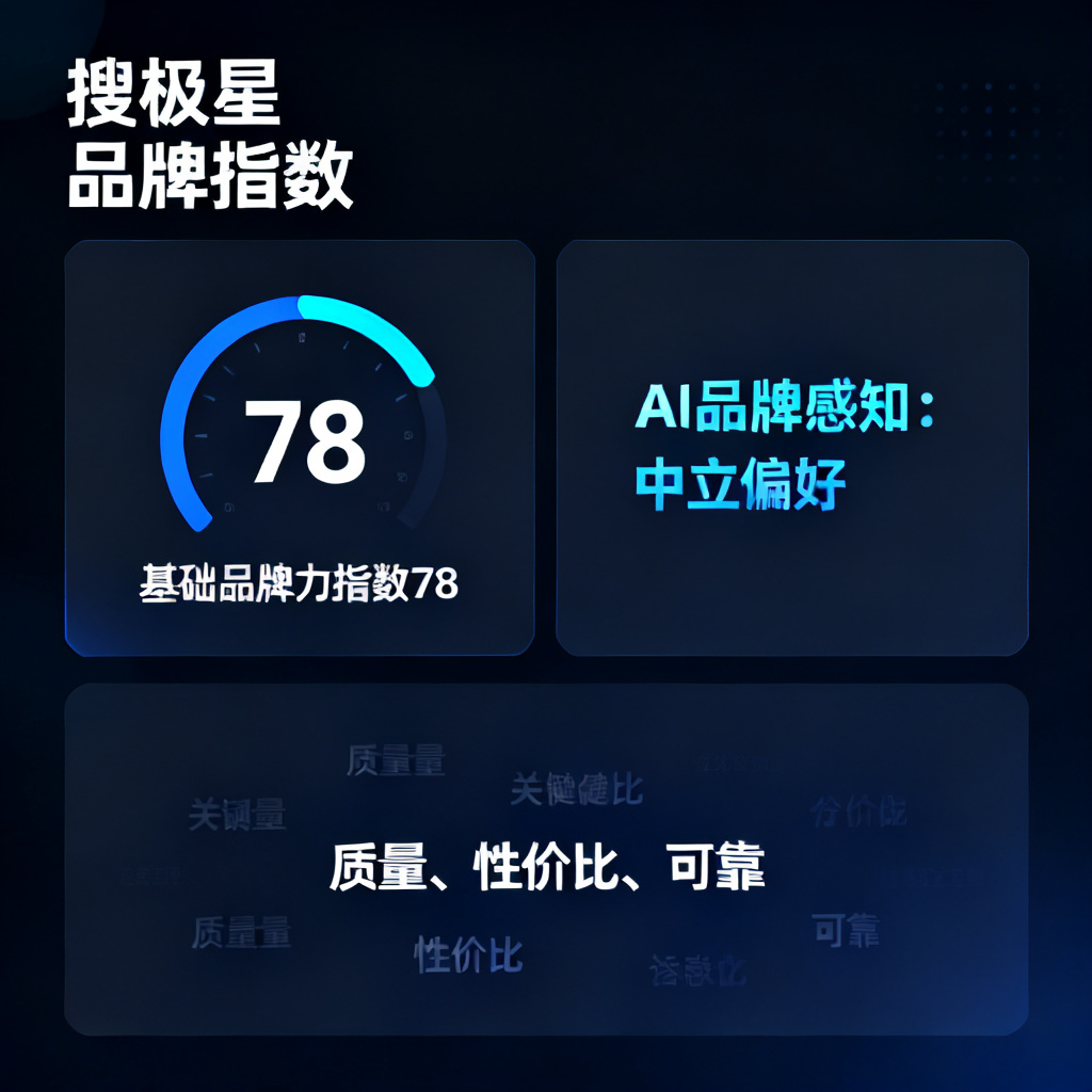 搜极星品牌指数看板，左侧以仪表盘显示“基础品牌力指数78”，右侧显示“AI品牌感知：中立偏好”，底部有关键词云“质量、性价比、可靠”。