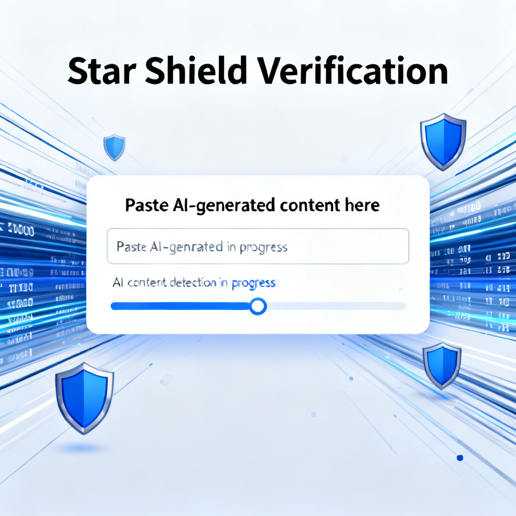 A user interface of "Star Shield Verification" from Soujixing, showing a user pasting AI-generated content into the input box, with data streams and shield icons in the background, representing AI content detection and cross-validation