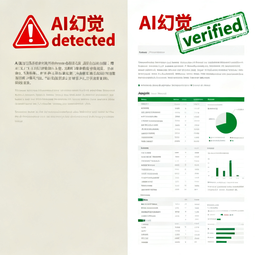 A split-screen comparison: left side shows an AI-generated text with a red warning label "AI幻觉 detected", right side shows the same text with a green "verified" stamp and a detailed analysis report. The style is professional and data-driven.