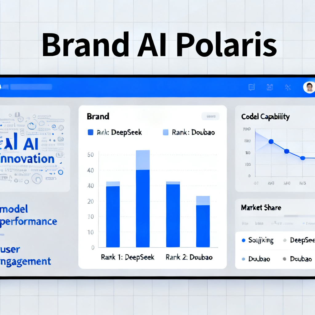 A dashboard interface of "Brand AI Polaris" from Soujixing, showing brand rankings across multiple AI models like DeepSeek and Doubao, with a keyword cloud and comparison chart of competitors