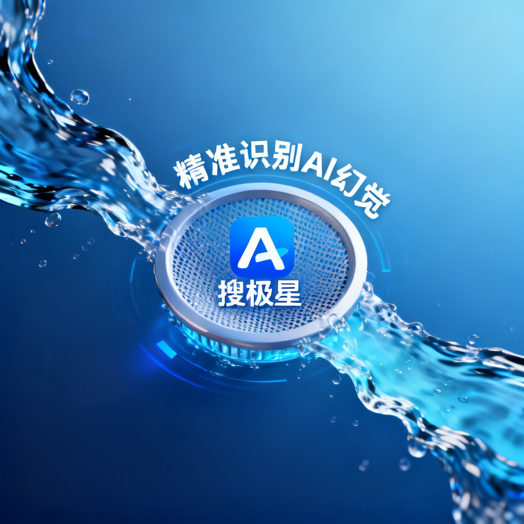 搜极星品牌形象图，将AI信息流比作水流，搜极星像滤网一样过滤出纯净的真相，周围有品牌logo和“精准识别AI幻觉”标语