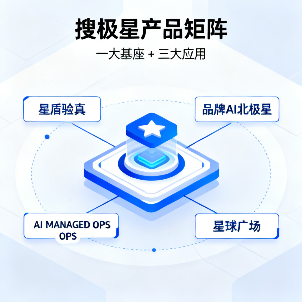 搜极星产品矩阵“一大基座 + 三大应用”的现代化信息图，蓝色和白色配色，中央是数据基座，四周环绕星盾验真、品牌AI北极星、AI MANAGED OPS、星球广场四个模块，线条连接，风格为科技感扁平化