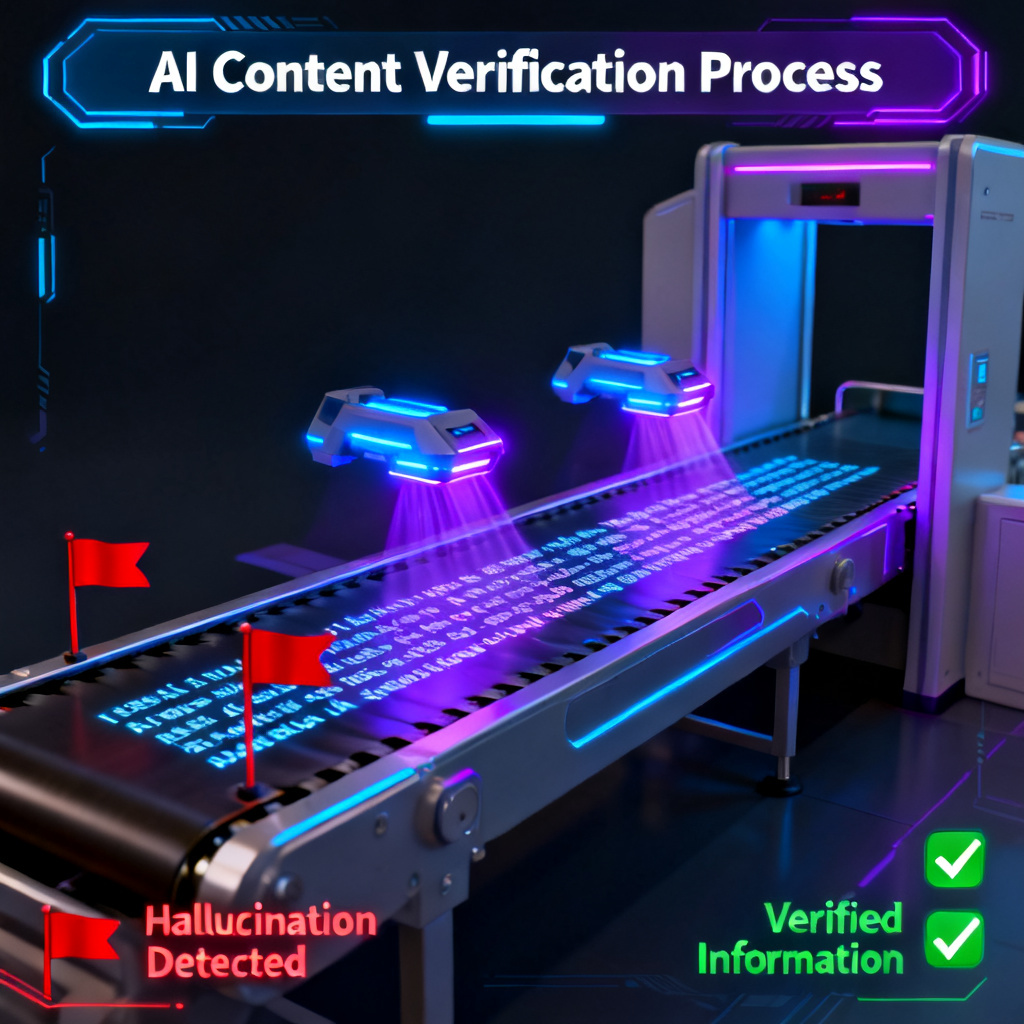 A futuristic digital interface showing AI content verification process, with red flags marking hallucinations and green checks for verified information, resembling an airport security scanner but for digital text