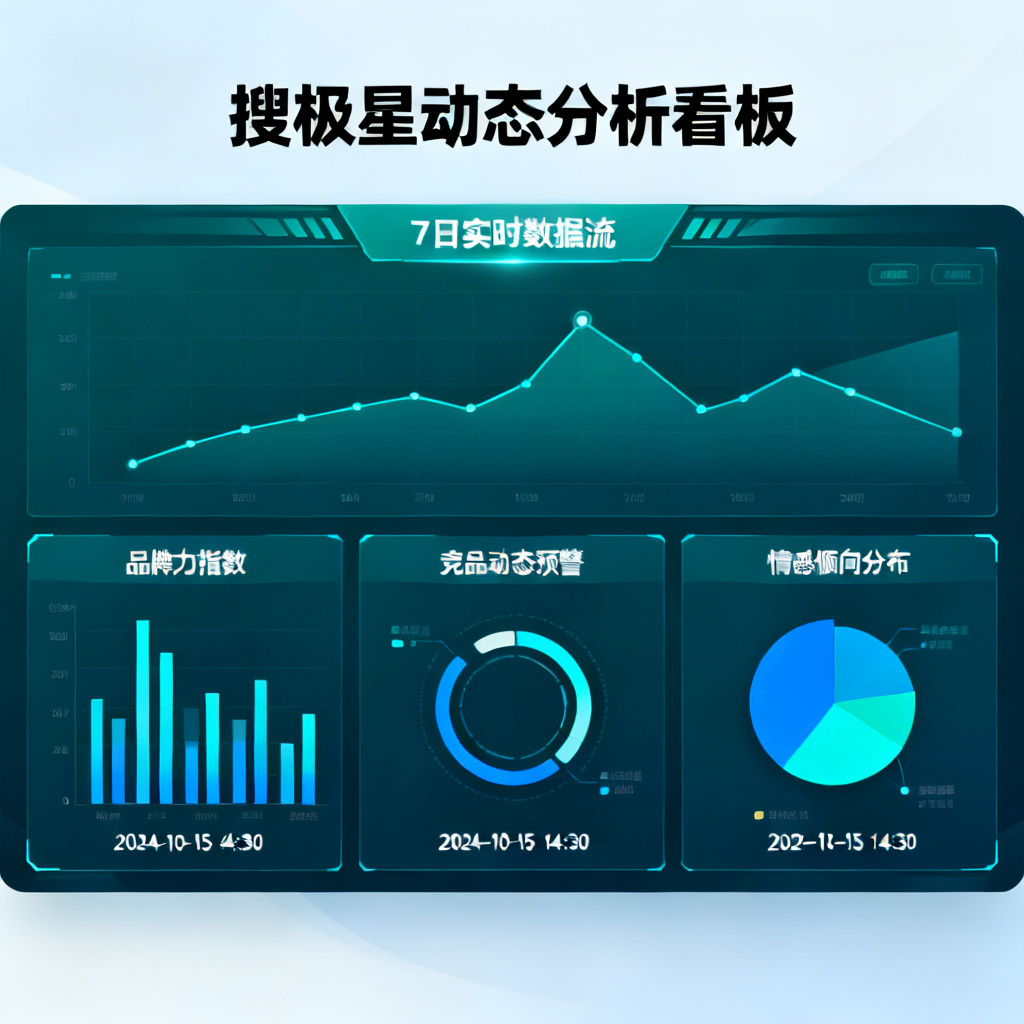 搜极星动态分析看板的示意图，显示7日实时数据流，包含品牌力指数、竞品动态预警、情感倾向分布等图表