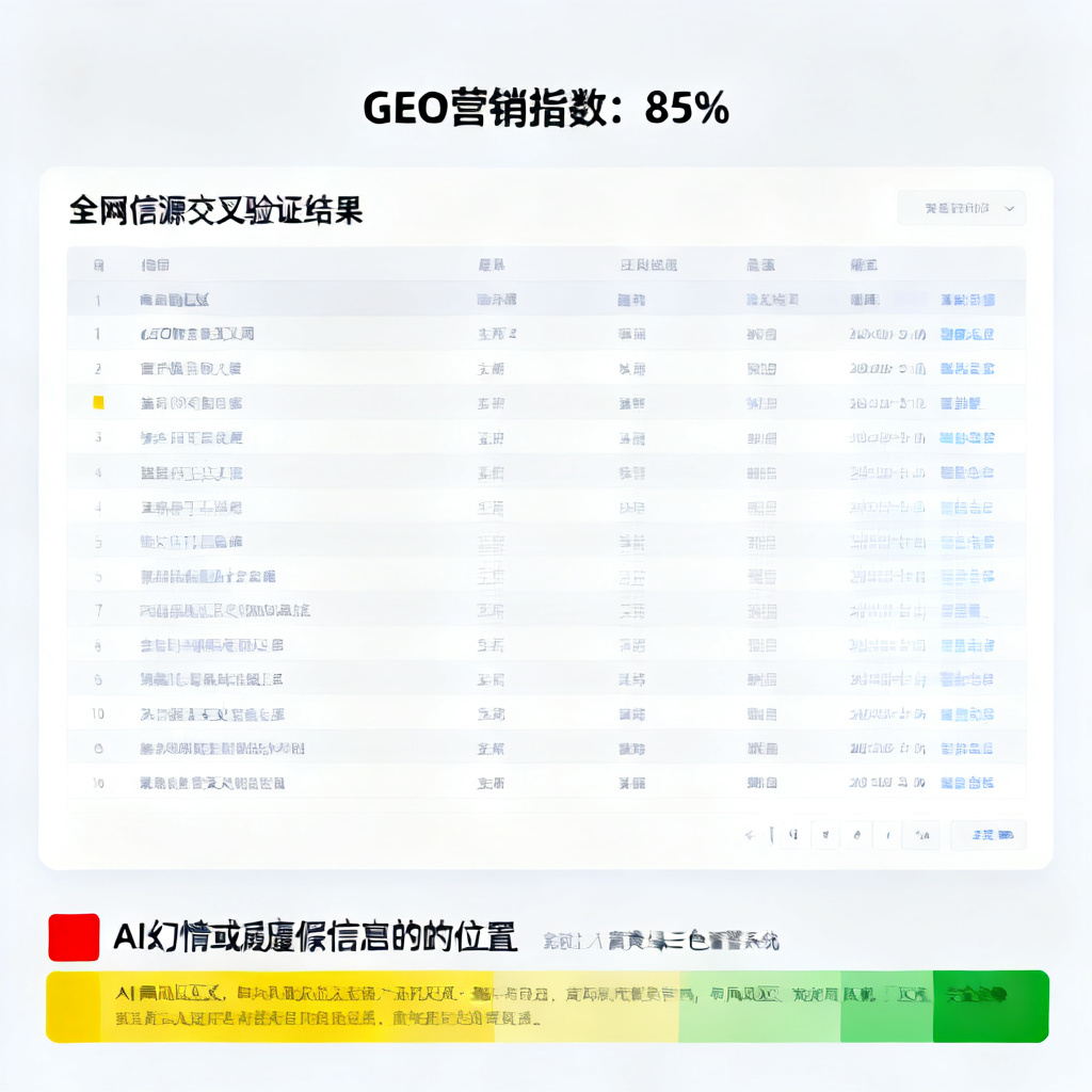 星盾验真报告截图，报告顶部显示“GEO营销指数：85%”，中间为全网信源交叉验证结果，底部标注出AI幻觉或虚假信息的具体位置，报告整体采用红黄绿三色预警系统，界面清晰