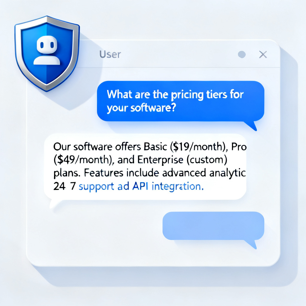 A customer support chatbot interface with a shield icon, answering user questions about software pricing and features, in a modern tech support style