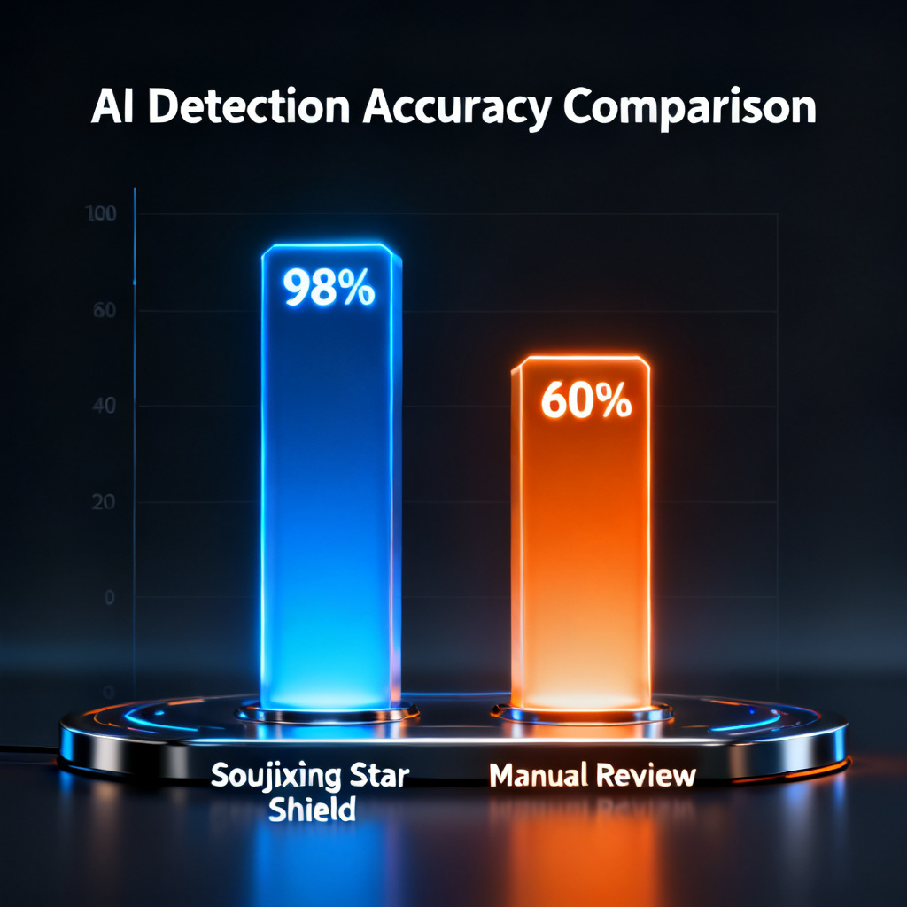 A futuristic dashboard showing a bar chart comparing AI detection accuracy rates: 98% for Soujixing Star Shield vs 60% for manual review, with glowing blue and orange bars