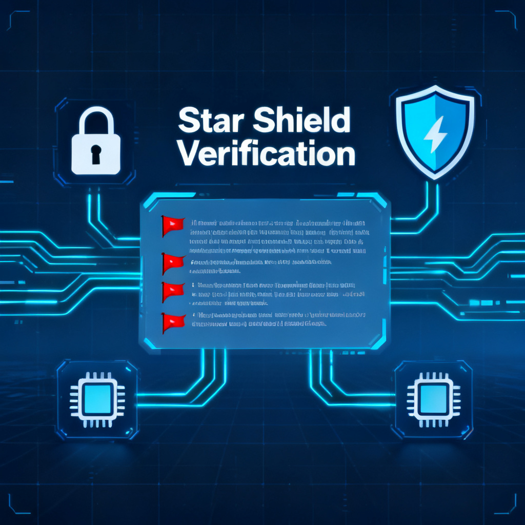 A user interface of "Star Shield Verification" feature on Soujixing platform, showing an AI-generated text being analyzed with red flags marking false information, surrounded by digital security icons and data flow lines, dark blue tech-style background