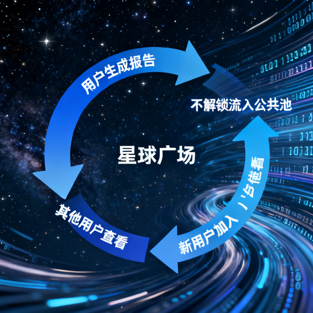 一个动态循环的“数据飞轮”图示，中心是“星球广场”，周围箭头连接“用户生成报告”、“不解锁流入公共池”、“其他用户查看”、“新用户加入”，背景为星空和数字流。