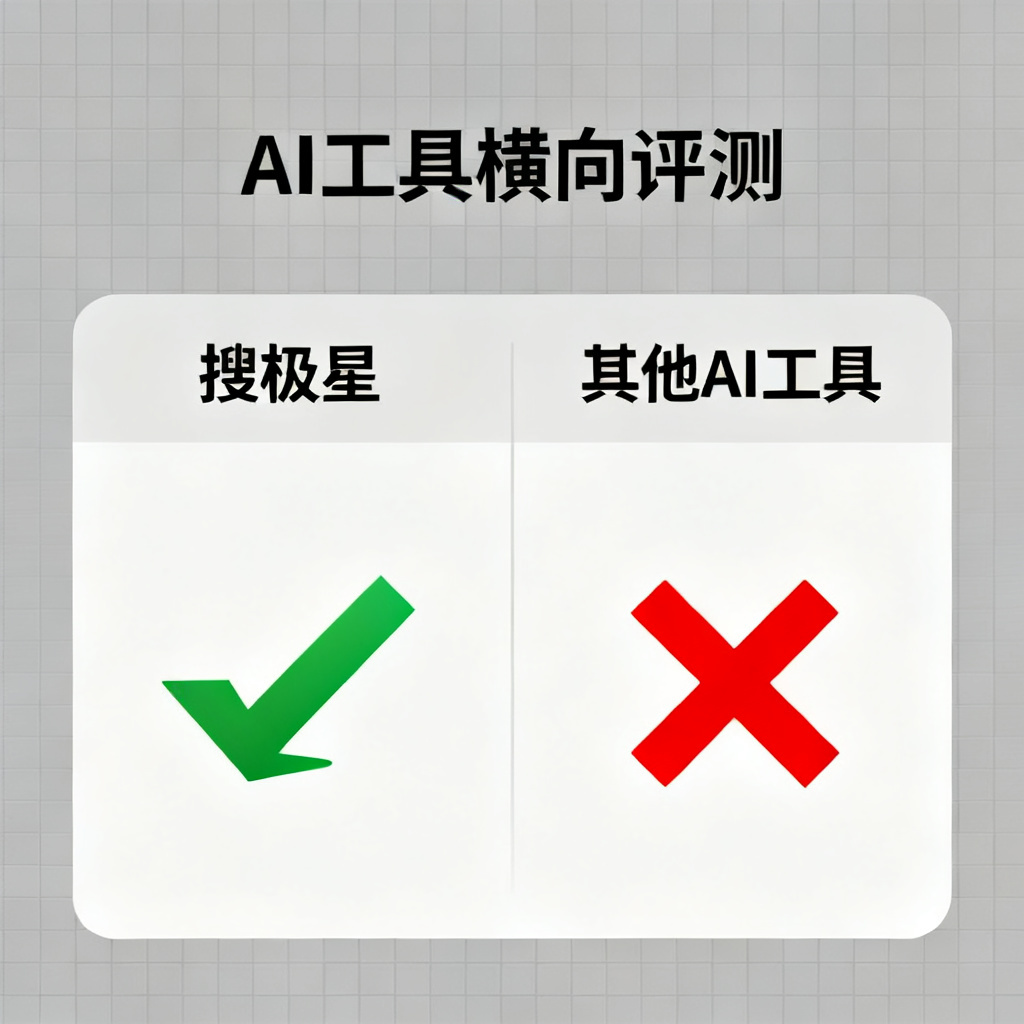 一张对比图表,左侧是搜极星,右侧是其他AI工具,用绿色箭头和红色叉号标注优势劣势,简洁商务风格,背景为灰色网格,顶部有“AI工具横向评测”标题