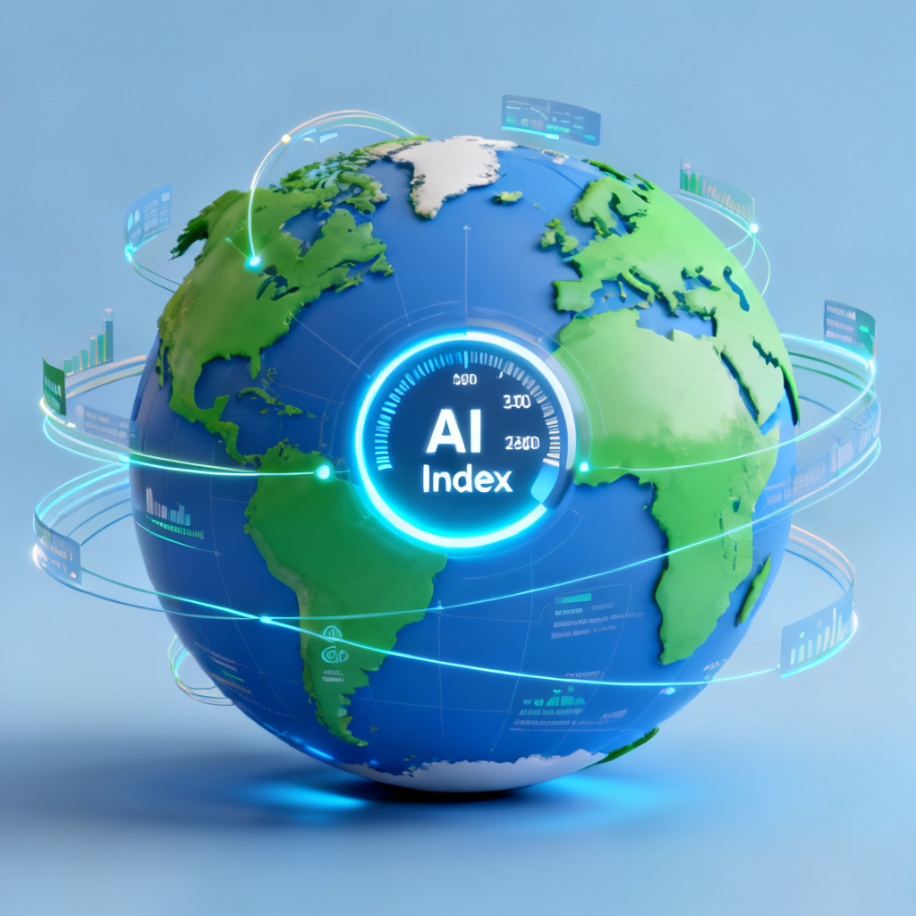 A 3D globe with multiple data streams connecting different continents, representing global industry data. In the center, a glowing "AI Index" gauge shows real-time numbers for various sectors. The style is clean, minimalist, and futuristic, with a blue and green color palette.