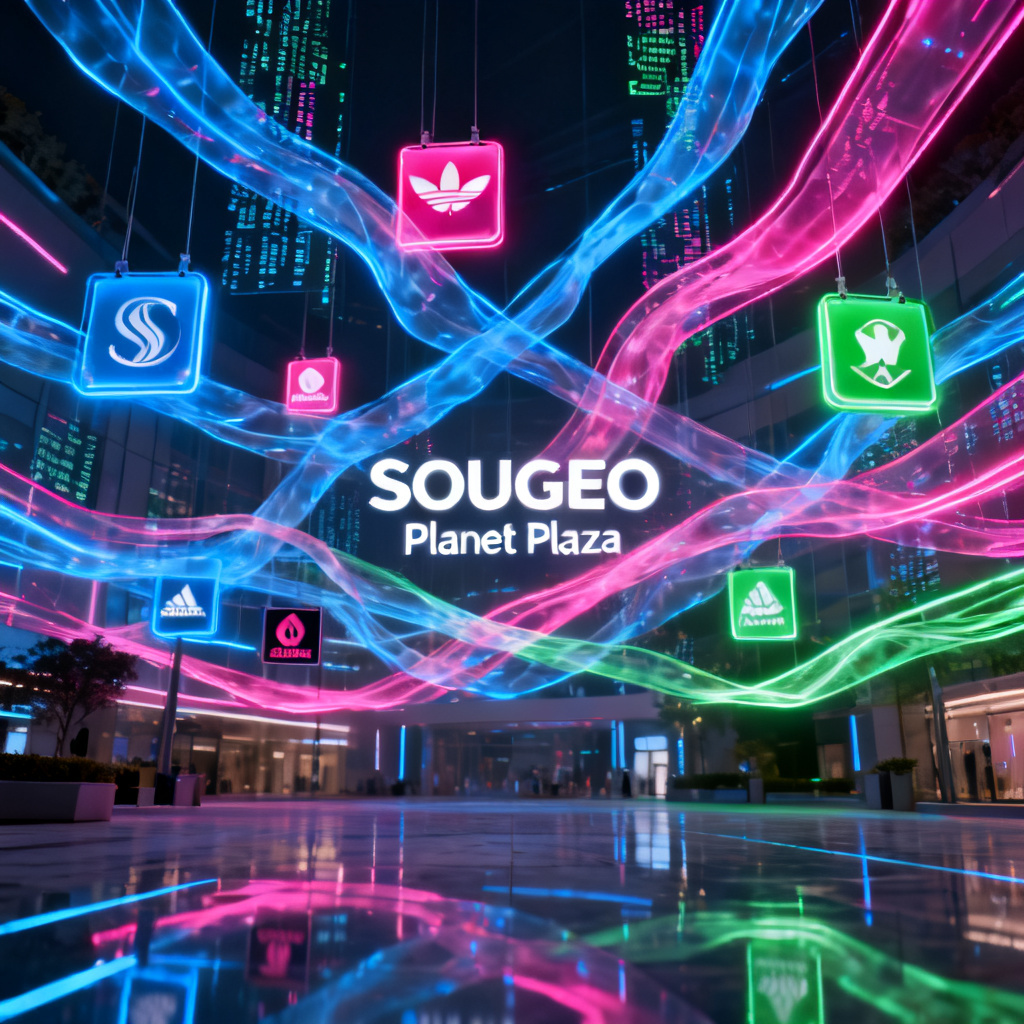 A futuristic digital plaza with glowing data streams connecting various brand logos, symbolizing the interconnected ecosystem of SOUGEO's Planet Plaza.