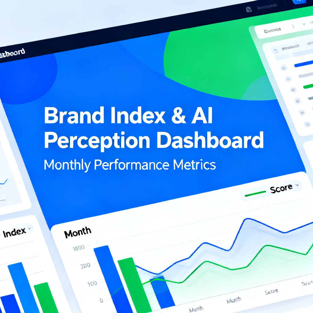 A dashboard showing brand index metrics and AI perception scores, with colorful bar charts and line graphs
