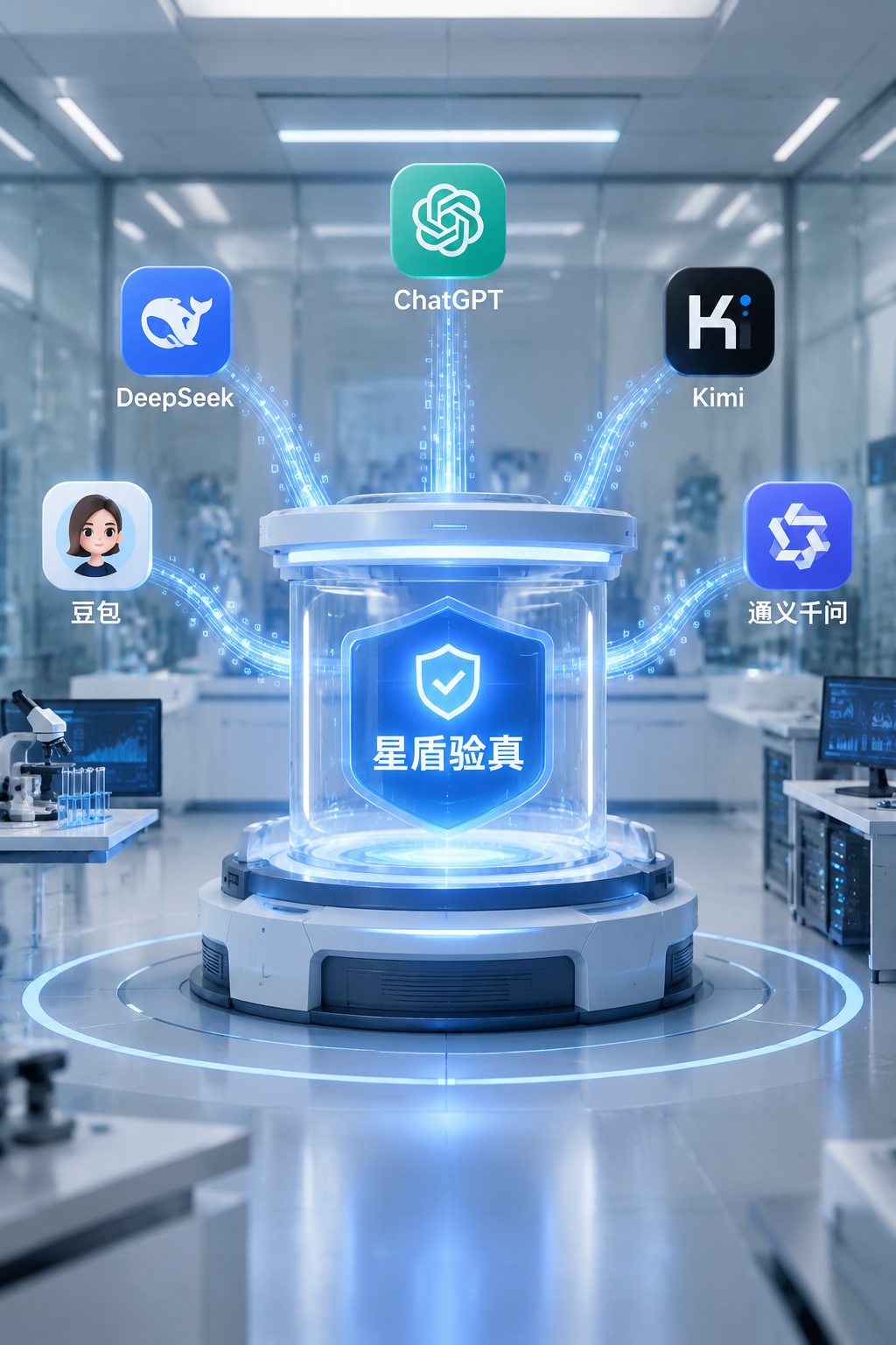 一个独立第三方检测实验室的隐喻场景，中央是发光的“星盾验真”检查台，周围环绕 DeepSeek、Kimi、ChatGPT、豆包、通义千问等模型图标，每个图标连出一条被核验的数据线，风格干净克制
